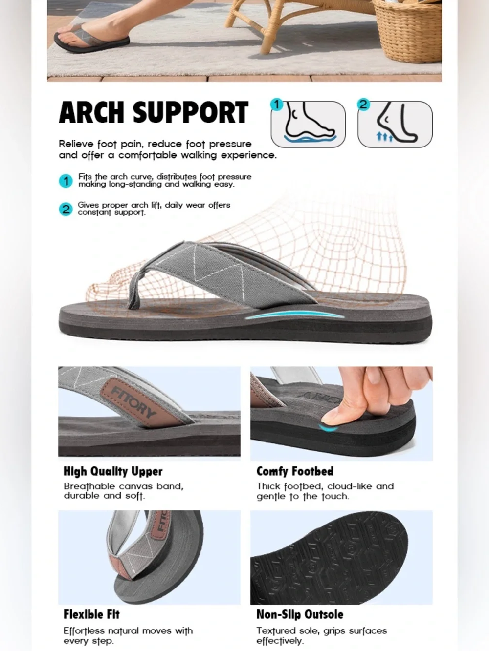 Fitory Men's Gray Tan Flip Flop Sandals NWOT Size Men 8 / Women 10 Arch Cushion